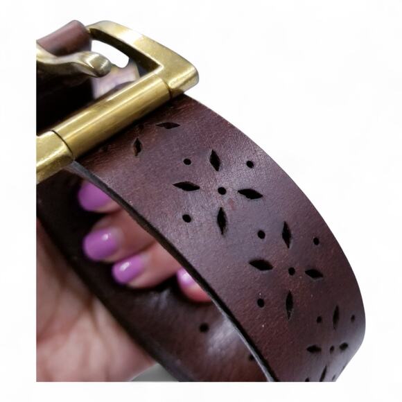 Leather Belt Brown Perforated Leather w/ Brass Buckle Made in India - Size M/L - Picture 1 of 6